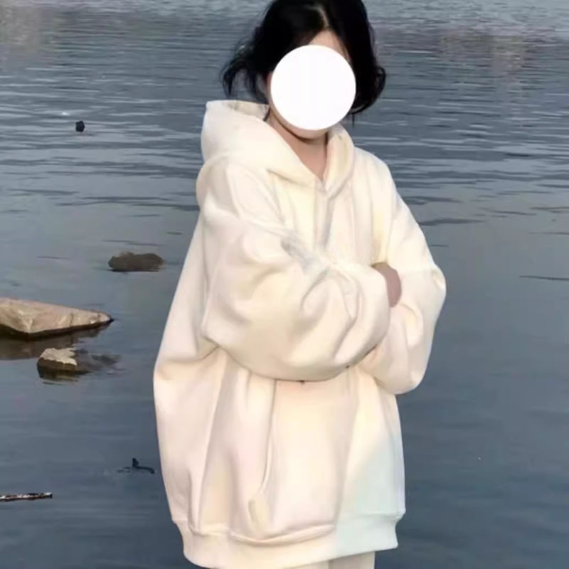白色连帽卫衣女春秋2025新款oversize纯色薄款外套宽松慵懒风上衣