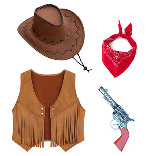 内蒙古新疆西藏旅游穿搭儿童复古西部牛仔棕色流苏马甲背心亲子装