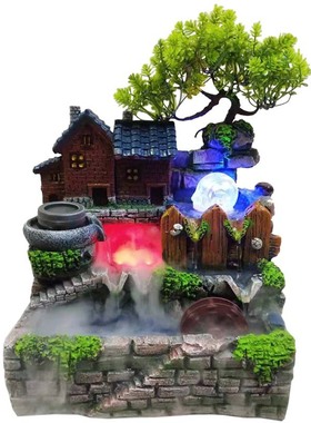 田园风格含小树房子假山流水喷泉办公室桌面盆景家居装饰流水摆件