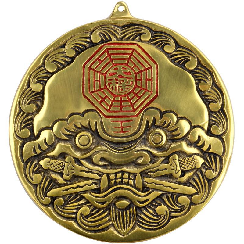 黄铜虎头狮咬剑挂件 铜兽头八卦镜