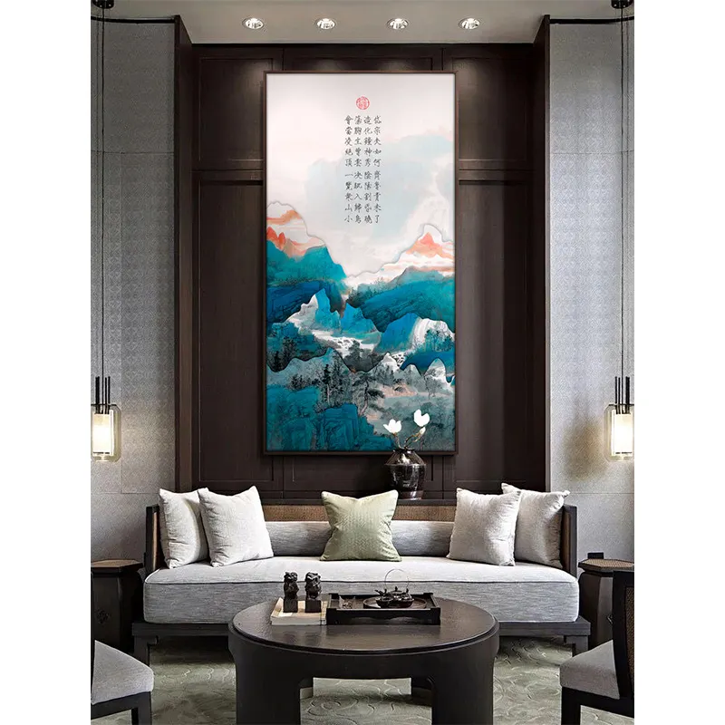 新中式客厅背景立体装饰画《万里山河》楼梯间玄关竖版大幅挂画图片