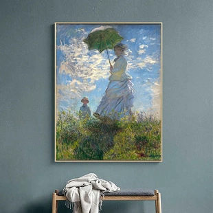 女人睡莲花园日出客厅装 莫奈油画撑伞 饰画书房卧室挂画简约防水