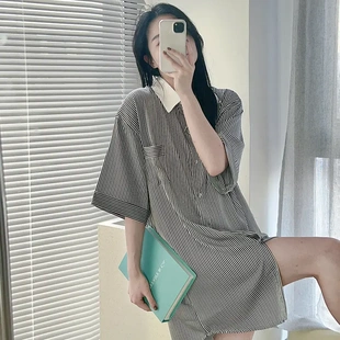 批发 高级感宽松条纹长袖 冰丝睡衣女款 春秋款 可外穿休闲家居服套装