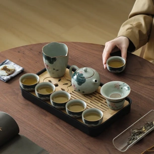 高档家用泡茶壶功夫茶具中式 手绘山水哥窑茶壶茶具套装 伴手礼茶具