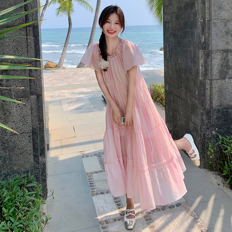 现货2411kp135k198度假连衣裙女2025年夏季新款花苞袖一字肩长裙，女装连衣裙，丽人依阁