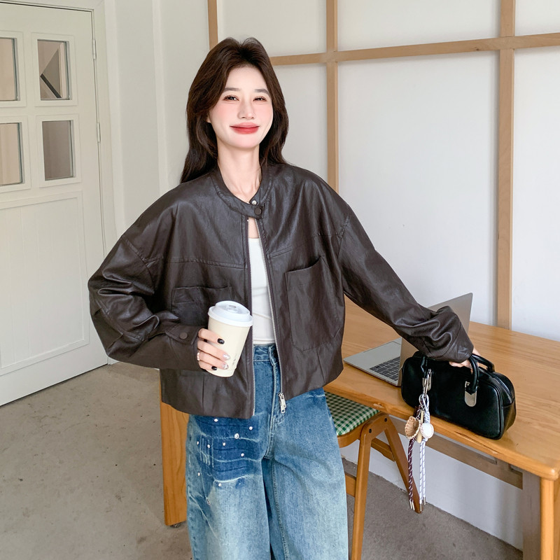 2610kp155k248甜酷港风短款咖色皮衣外套女春秋2026夹克上衣,女装皮衣,2B105