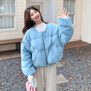 韩系配围脖灯芯绒羽绒服外套女秋冬2025新款黄色白鸭绒爆款面包服图片