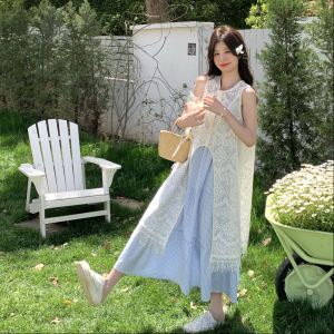 白色蕾丝镂空罩衫蓝色格子吊带长裙女夏新款减龄显瘦连衣裙图片