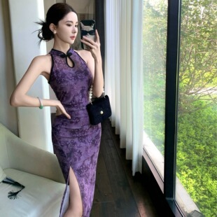 改良旗袍性感网纱显瘦无袖 新款 裙包臀收腰长裙连衣裙夏 时尚 新中式