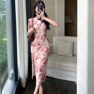 改良式 显瘦连衣裙 旗袍裙复古国风印花性感网纱印花开叉褶皱中长款