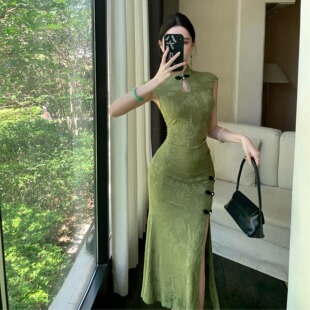 改良旗袍裙女新中式 显瘦中长裙性感开叉连衣裙夏 绿色显白气质修身