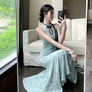 新中式 清冷感旗袍裙复古绿色性感收腰显瘦网纱大摆连衣裙气质长裙