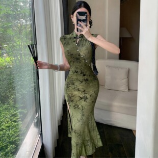 新中式 复古改良旗袍高级感御姐性感显身材镂空高开衩收腰连衣裙夏