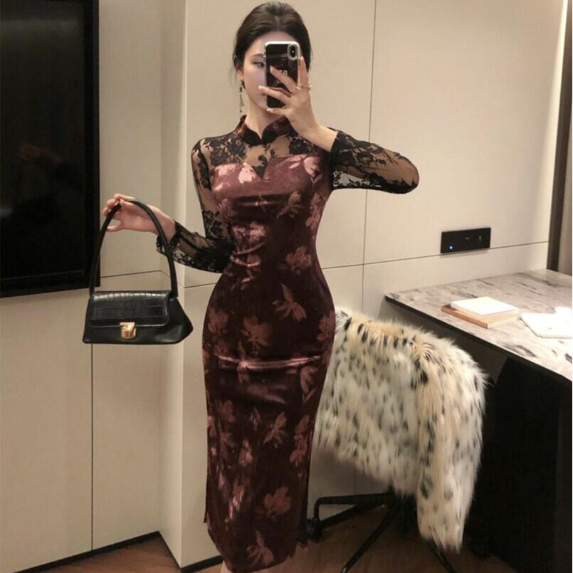 新中式复古改良旗袍长袖性感御姐风丝绒显瘦中长款收腰包臀连衣裙