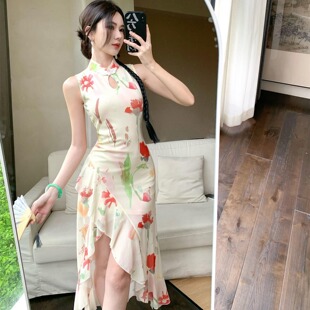 性感网纱印花修身 新款 不规则设计感连衣裙夏 时尚 改良旗袍裙新中式