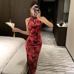 御姐风性感丝绒中长裙新中式无袖改良旗袍显瘦开叉收腰包臀连衣裙