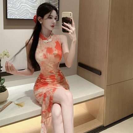 夏季新款性感网纱印花新中式改良旗袍长裙无袖荷叶边显身材连衣裙