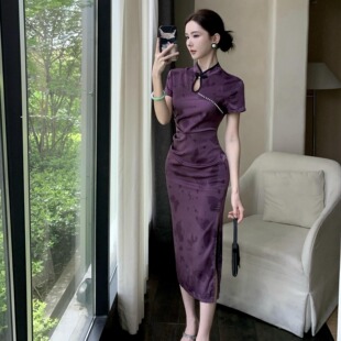 收腰连衣裙夏 显瘦短袖 紫色新中式 改良旗袍优雅长裙高级感缎面修身