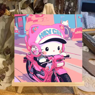 個性 飾畫 甜酷HelloKitty凱蒂貓數字油畫diy手繪丙烯油彩畫手工裝