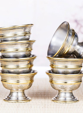 印度青铜水碗八吉祥雕花供水杯佛前一套供水碗七供圣水杯高脚供杯