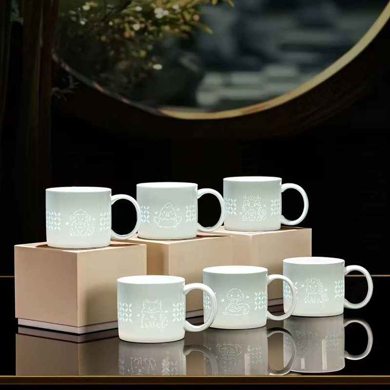 景德镇玲珑瓷马克杯透光镂空生肖杯高温高颜值咖啡杯送礼茶杯水杯