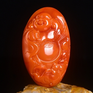 天然收藏南红玛瑙吊坠雕刻人物佛公挂件锦红柿子红挂坠送鉴定证书