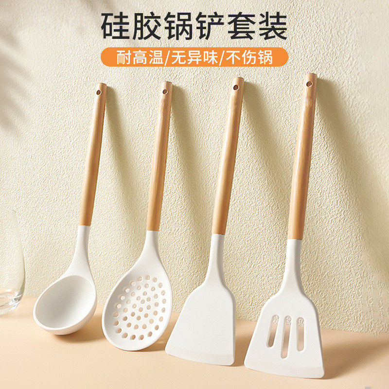 现货木柄硅胶厨具三件套汤勺锅铲厨具套装不粘锅牛排煎铲厨房用具