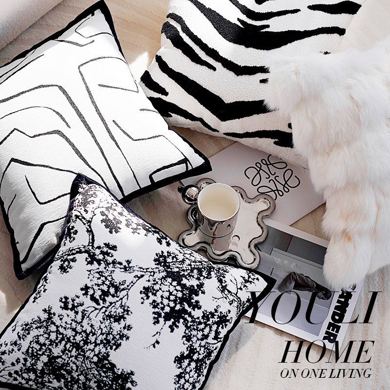 法式森林纹风靠包复古棋盘格抱枕套黑色靠枕美式沙发靠垫黑白