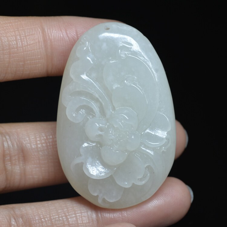 26#天然正品和田玉吊坠和田白玉牡丹花花开富贵