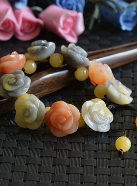 12#正品天然新疆戈壁玉金丝玉手链玫瑰花手链地表彩玉彩石手钏