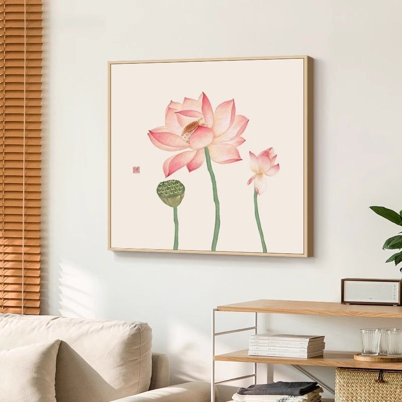 荷花新中式客厅装饰画原木风正方形莲花玄关挂画餐厅壁画2025新款图片