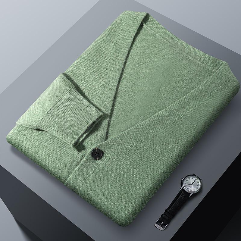 秋冬男士100纯羊毛开衫V领纯色外套商务休闲宽松长袖毛衣针织上衣