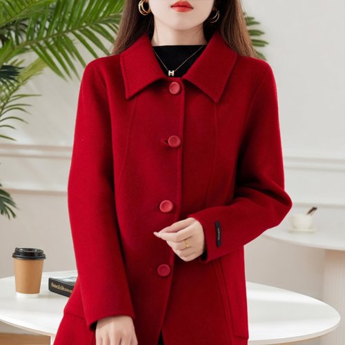 韩版红色绵羊毛呢修身中长大衣女