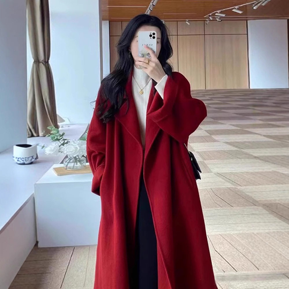 红色羽绒服内胆加厚羊绒呢子大衣