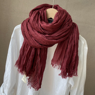 纯色棉麻围巾女冬季酒红色百搭毛边保暖护颈围脖春秋披肩防晒纱巾