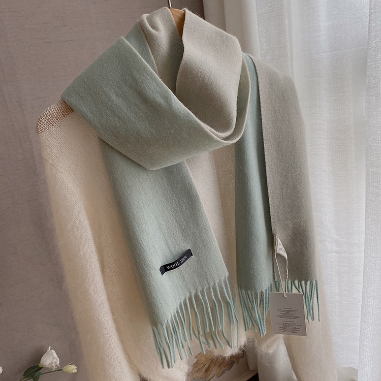 蓝灰拼色双面100%羊毛围巾出口韩国薄款百搭秋冬季流苏护颈围脖女