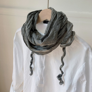 新款 百搭褶皱灰色三角巾保暖围脖 春秋纯色复古棉麻扎染围巾女冬季
