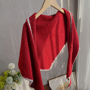 轻盈针织弹性羊驼毛线三角巾 草莓红色温暖护颈披肩女秋冬季围巾