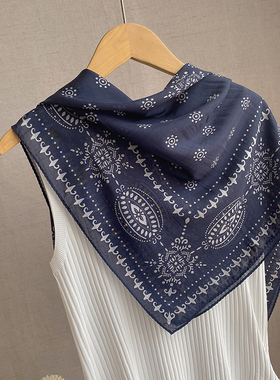 复古蓝色文艺气质女秋冬丝巾70方巾真丝+纯棉亲肤围巾春秋新款