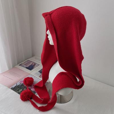 毛球帽子围巾一体女红色连帽披肩