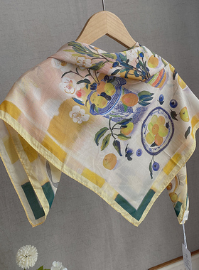 秋意淡黄色丝棉方巾70cm秋冬薄款围巾女纯棉小披肩真丝丝巾春秋