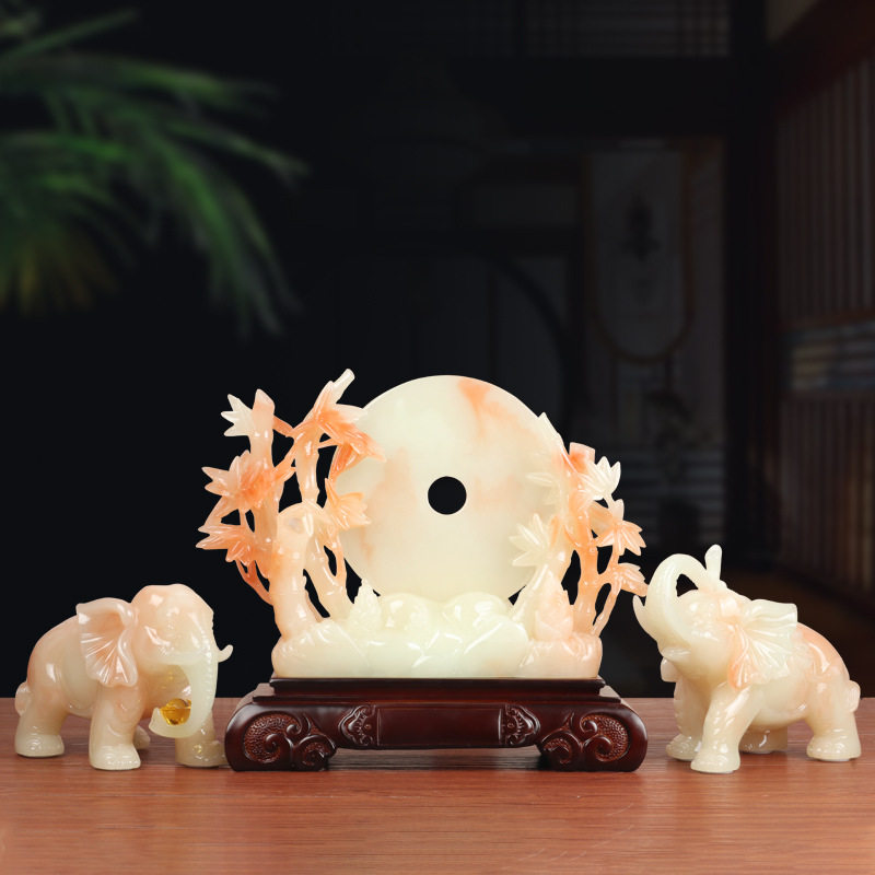 三件套竹报平安扣一对大象摆件客厅办公室玄关装饰品高档轻奢礼品