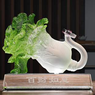 琉璃白菜摆件百财如意工艺品高档商务送礼桌面装 饰品摆设开业送礼