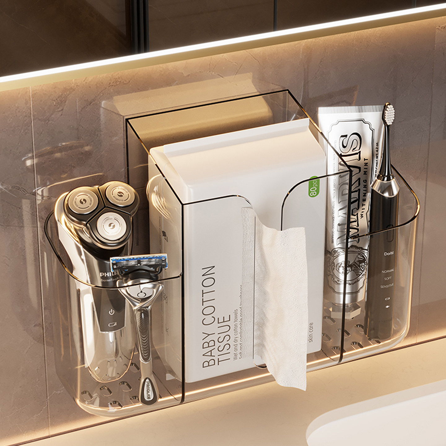 朋菲壁挂式收纳盒卫生间纸巾盒牙刷架分区储物盒浴室收纳架可沥水,收纳整理,壁式收纳盒,淘宝优惠券,粉丝福利购,淘宝优惠卷