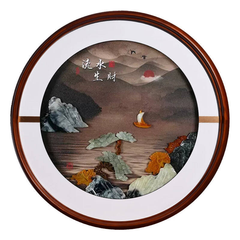 花流年入户玄关装饰画福字挂件带灯光五福临门新中式圆形玉石画玉