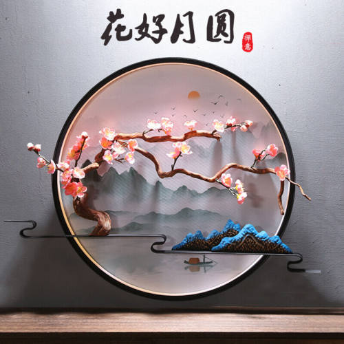 美识新中式玄关墙面挂画客厅沙发背景墙装饰画迎客松挂件圆形壁画