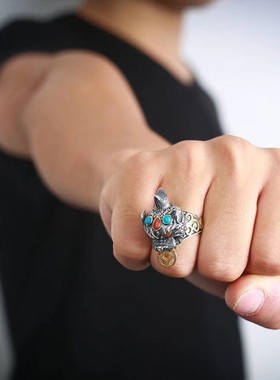 貔貅纯银戒指男款活口可调节指环复古民族风手工银饰镶嵌松石南红