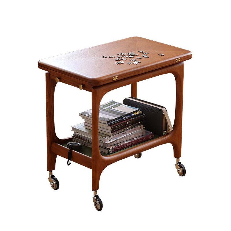 中古实木茶几多功能移动边几客厅家用小户型橡木实木推车折叠桌面