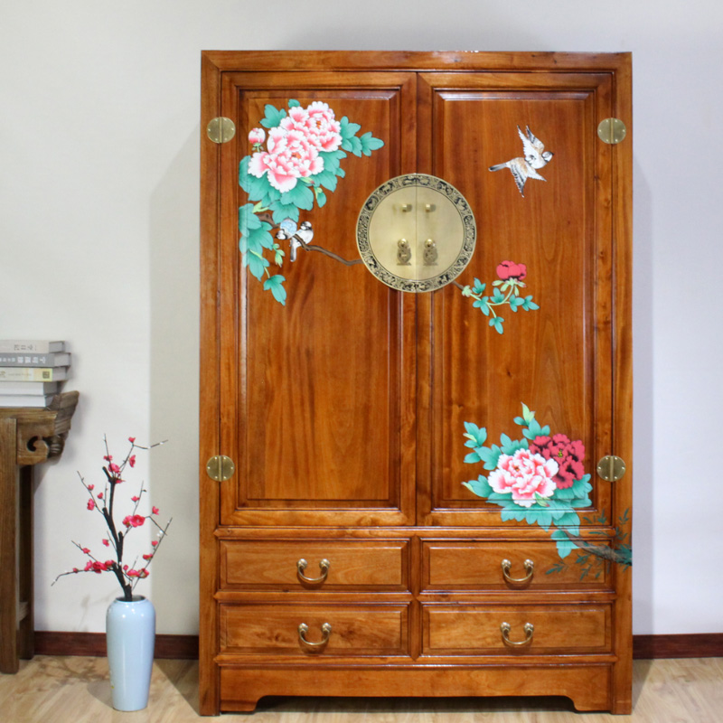 新中式古典现代简约手绘香樟木实木双门衣柜防虫卧室大容量衣橱