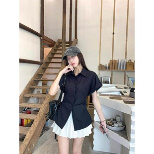 衬衫 韩系短袖 女设计感收腰显瘦翻领白色衬衣chic上衣 新款 2026夏季